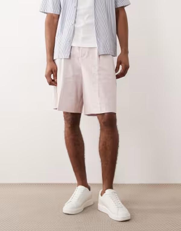 エイソス メンズ ボトムス ハーフパンツ・ショーツ ショートパンツ リネン ASOS DESIGN linen rich bermuda dresshorts in dusty pink ピンク