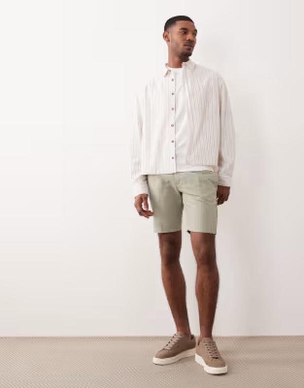 エイソス メンズ ボトムス ハーフパンツ・ショーツ ショートパンツ リネン ASOS DESIGN linen rich slim dresshorts in sage GREEN グリーン