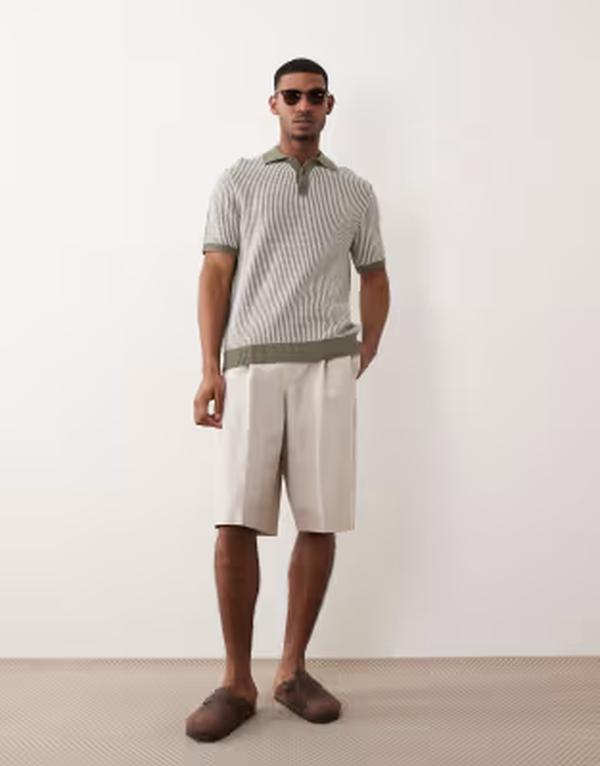 エイソス メンズ ボトムス 二分の一ズボン下・さる股引き 遊撃手ズボン下 リネン ASOS DESIGN linen rich oversized bermuda dresshorts インチ stone 石ころ