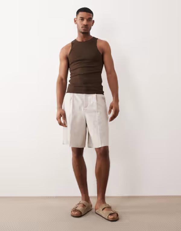 エイソス メンズ ボトムス ハーフパンツ・ショーツ ショートパンツ リネン ASOS DESIGN linen rich bermuda dresshorts in stone ストーン