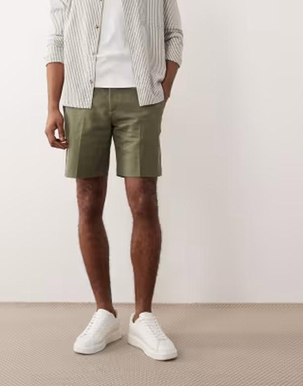 エイソス メンズ ボトムス ハーフパンツ・ショーツ ショートパンツ リネン ASOS DESIGN linen rich regular dresshorts in olive GREEN グリーン
