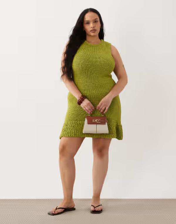 エイソス レディース トップス ワンピース ASOS Curve ASOS DESIGN Curve tape yarn dress with frill hem Green グリーン