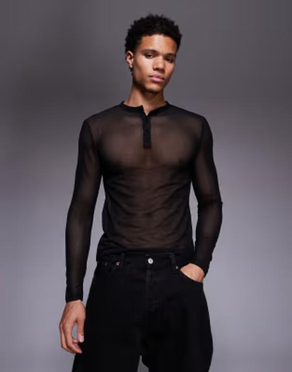エイソス メンズ トップス Tシャツ ヘンリーネック メッシュ ASOS DESIGN muscle fit long sleeve T-shirt withenley neck mesh Black ブラック