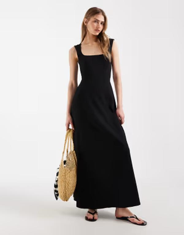 エイソス レディース トップス ワンピース ミディ ASOS DESIGN square neck seam detailing midi dress Black ブラック