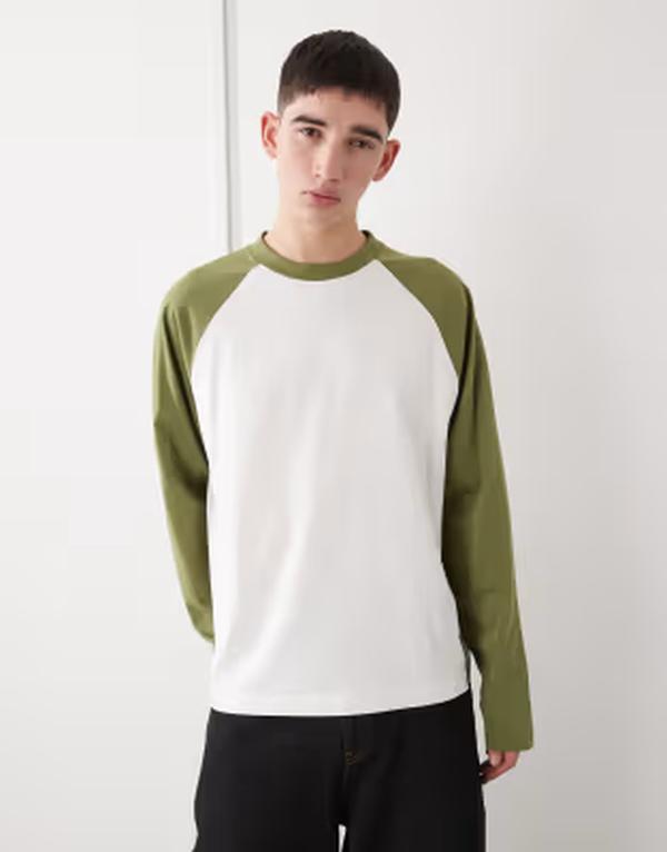 コルージョン メンズ トップス Tシャツ COLLUSION Circular Design Collection heavyweight raglan t-shirt CREAM OLIVE クリーム｜ReVida 店