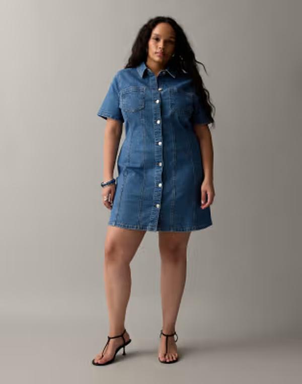 エイソス レディース トップス ワンピース ミニ シャツ デニム ASOS Curve ASOS DESIGN Curve denim fitted shirt mini dress in mid BLUE ブルー