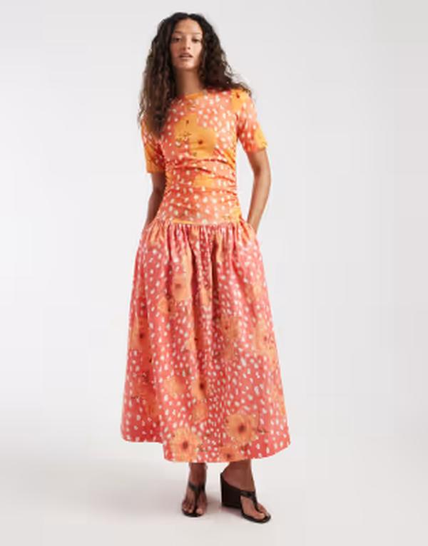ネバーフリードレスド レディース トップス ワンピース プリント ミディ Tシャツ ジャージー Never Fully Dressed Gracie jersey drop waist-shirt midi dress in coral spot poppy print Coral コーラル