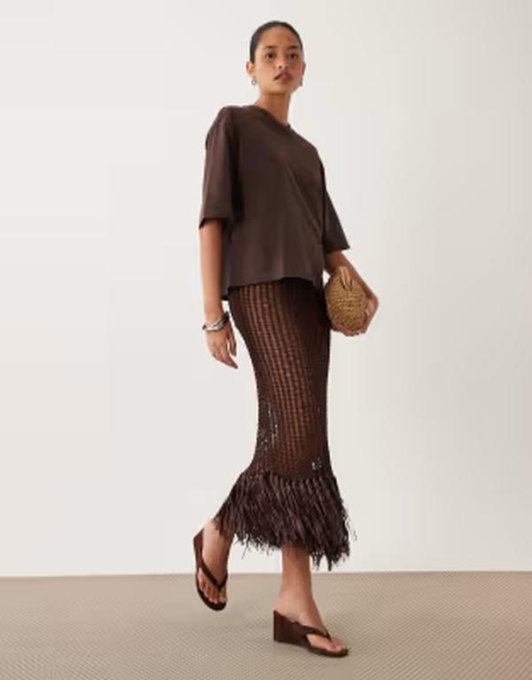 エイソス レディース 下つ方スコート フリンジ ASOS DESIGN fringed hem open stitch skirt インチ chocolate - part of a set Chocolate 黒茶