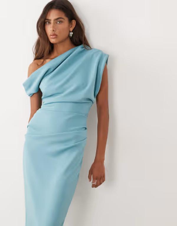 エイソス レディース トップス 衣装 非相称 midi オフショルダー アクアラング ASOS DESIGN asymmetric off-shoulder MIDI dresscuba-style fabric Blue 青色 ワンピース-レディースファッション