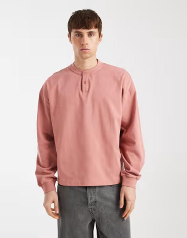 エイソス メンズ トップス Tシャツ ヘンリーネック ASOS DESIGN heavyweight boxy oversized long sleeve T-shirt withenley neck Ash rose アッシュ
