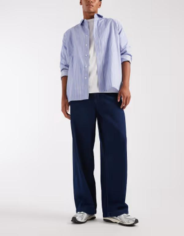 エイソス メンズ ボトムス デニムパンツ ワイドレッグ ジーンズ ASOS DESIGN wide leg jeans in darkwash blue with pleats Mid washed Blue ブルー