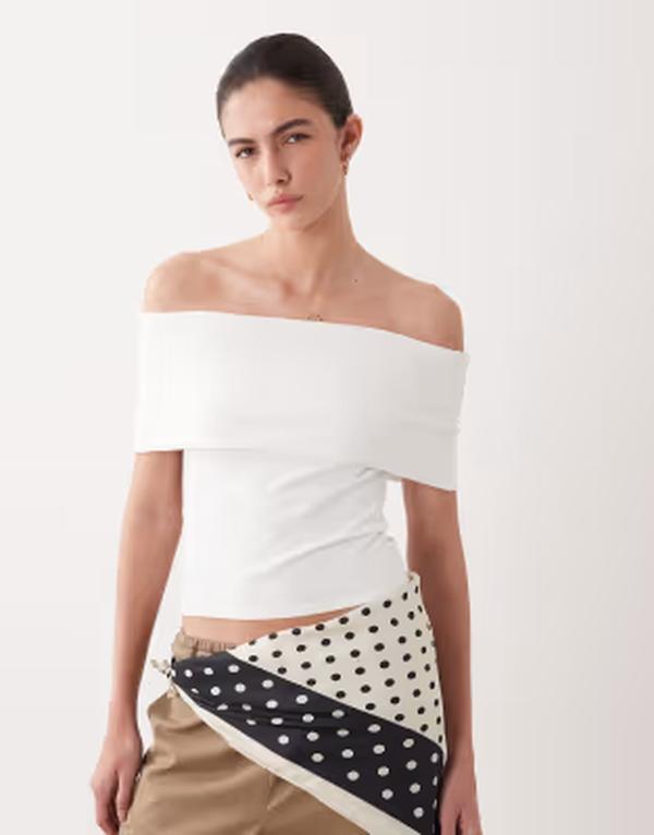 エイソス レディース トップス プルオーバー ASOS DESIGN off the shoulder fold over top WHITE 白いこと