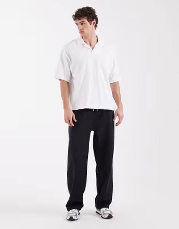 エイソス メンズ ボトムス カジュアルパンツ ワイドレッグ スキューバ ジョガーパンツ ASOS DESIGN wide leg joggerscuba-style fabric NAVY ネイビー