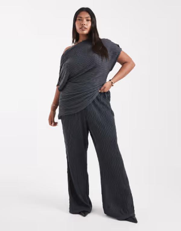 ヴェロモーダ レディース ボトムス カジュアルパンツ ワイドレッグ ジャージー Vero Moda Curve textured jersey wide leg pants in asphalt gray - part of a set Asphalt グレー|ReVida 店