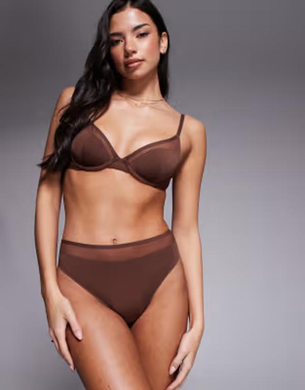 エイソス レディース アンダーウェア ブリーフパンツ ハイウエスト メッシュ ASOS DESIGN Ella microfiber high leg high waisthong with mesh detailing in chocolate Choc チョコレート