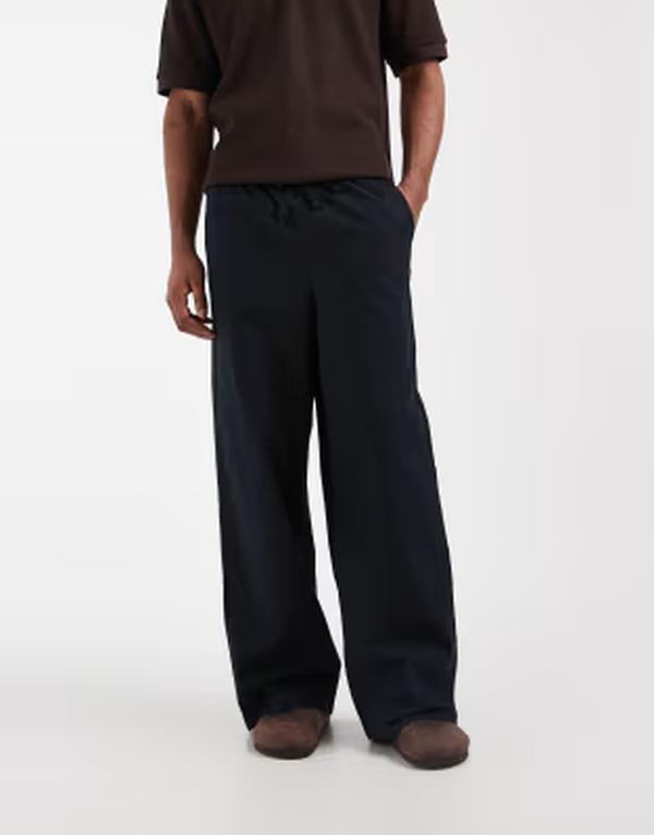 エイソス メンズ ボトムス 心地よいズボン下 リネン ASOS DESIGN loose linen blend pants Black 黒いこと