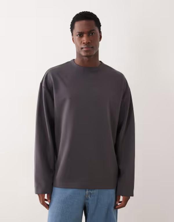 エイソス メンズ トップス Tシャツ コットン ASOS DESIGN breatheMAX heavyweight oversized long sleeve t-shirt in charcoal cotton blend Asphalt チャコール