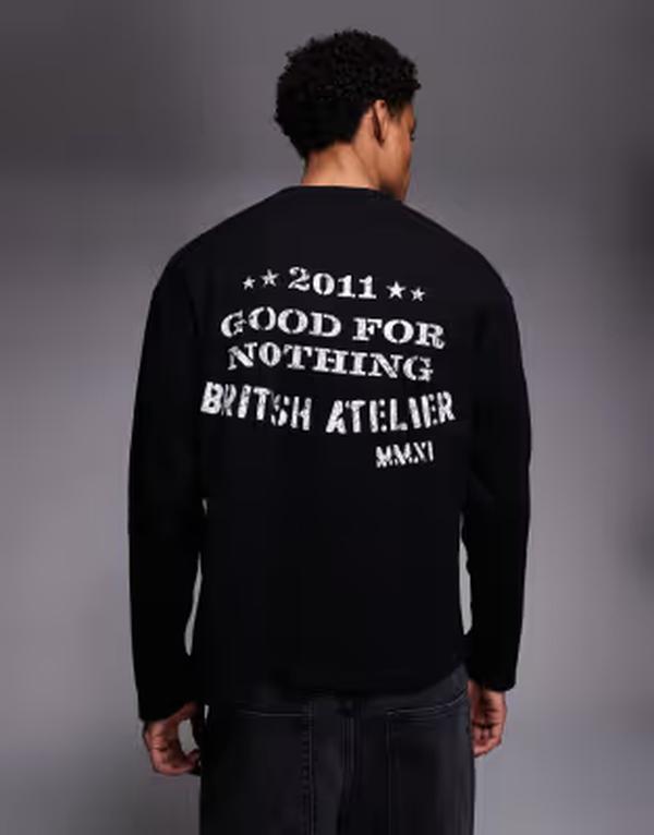 グッドフォーナッシング メンズ トップス Tシャツ プリント Good For Nothing long sleeve waffle T-shirt with back stamprint Black ブラック
