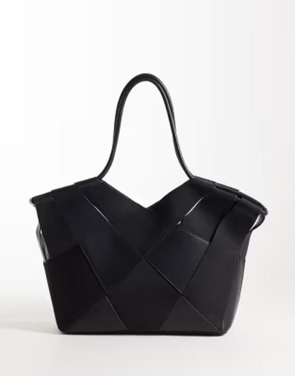 エイソス レディース バッグ スエード レザー フェイクレザー ASOS DESIGN mixed woven faux suede and faux leather tote Black ブラック