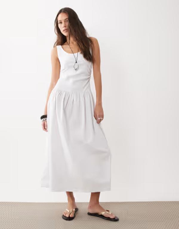 エイソス レディース トップス ワンピースカート マキシ ASOS DESIGN hybrid scoop neck dropped waist maxi dress with poplin skirt WHITE ホワイト