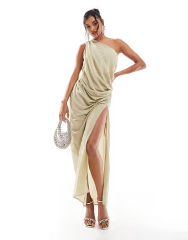 エイソス レディース トップス ワンピース ドレープ リネン マキシ ASOS DESIGN stretch linen one shoulder drape maxi dress in pale sage Pale sage セージ 7,441円