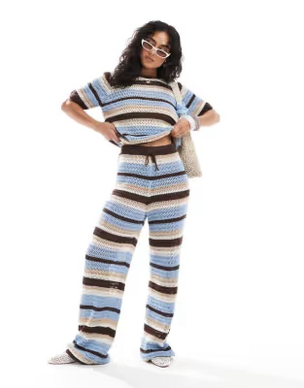 エイソス レディース ボトムス カジュアルパンツ ワイドレッグ ニット ASOS DESIGN crochet knit wide leg pants and brown stripe - part of a set Multi マルチカラー