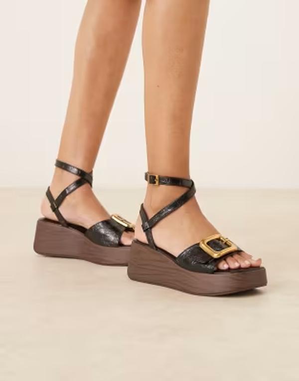 エイソス レディース シューズ サンダル ASOS DESIGN Tammy wood effect wedges with buckle detail croc BLACK CROC 黒いこと
