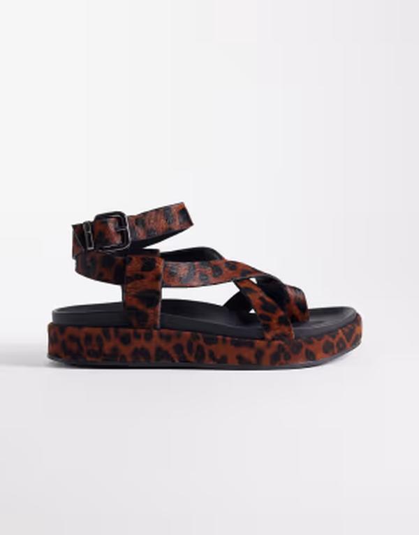 エイソス レディース シューズ サンダル プリント レザー ASOS DESIGN Faye crosstrap footbed sandal in hair in realeather with leopard print LEOPARD PRINT アニマル