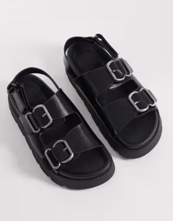 エイソス レディース シューズ サンダル ASOS DESIGN Filter chunky footbed sandals with double buckle BLACK GROUCHO 黒いこと