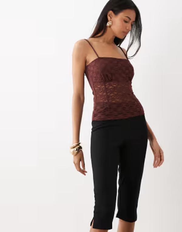 エイソス レディース トップス プルオーバー スピード競技 ASOS DESIGN lace square neck strappy cami top インチ chocolate 黒茶 シャツ・ブラウス-レディースファッション-トップス
