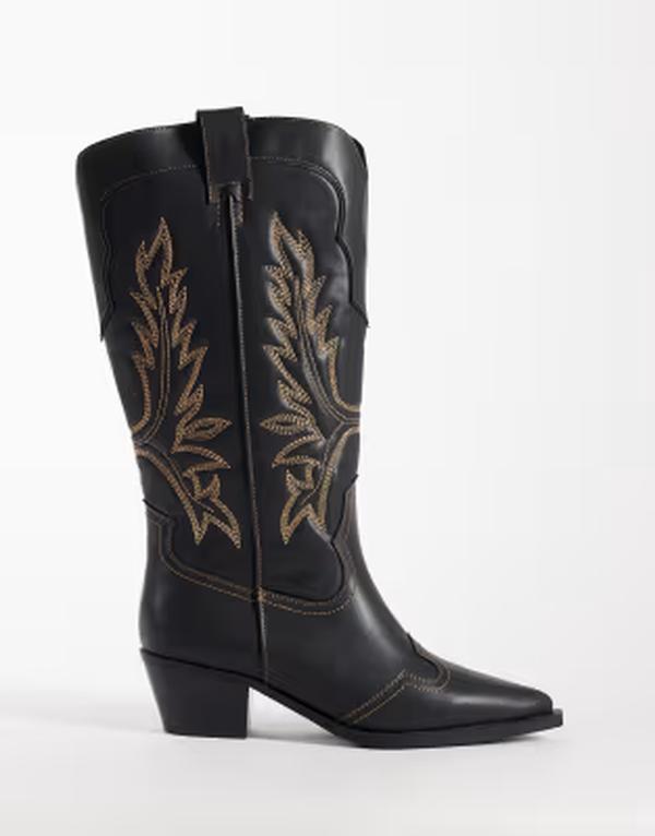 エイソス レディース シューズ ブーツ・レインブーツ ASOS DESIGN Curve Celestine flat cowboy knee boots burnish BLACK BURNISH 黒いこと