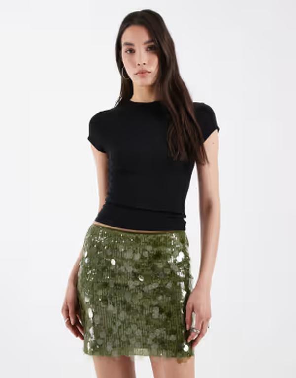 エイソス レディース ボトムスカート ミニ スパンコール ASOS DESIGN mixed sequin mini skirt Green グリーン