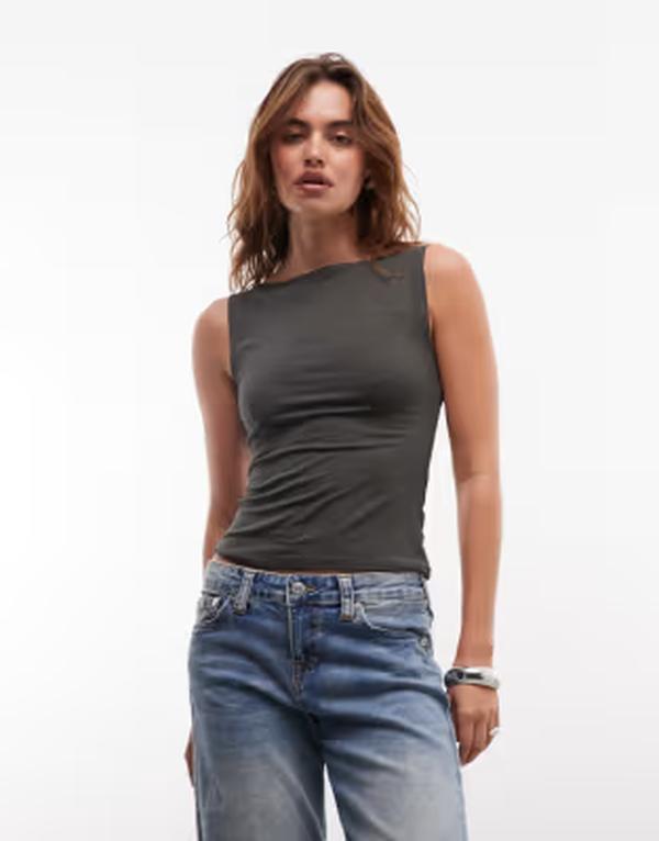 週日 レディース トップス 貯蔵タンクいの一番 Weekday Annie super soft boat neck tank top exclusive to ASOS Khaki カーキ トップス-タンクトップ-レディースファッション