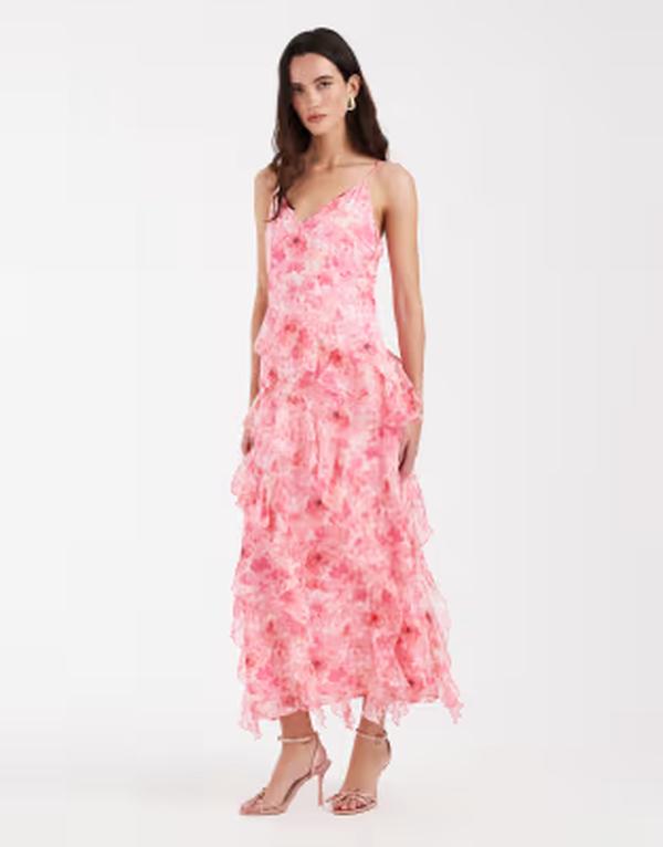 ヴェロモーダ レディース トップス ワンピース シフォン フラワー柄 プリント フリル ミディ フラワー Vero Moda Smilla Chiffon cami ruffle detail midi dress in pretty light pink based floral print ROSE SHADOW - AOP ピンク|ReVida 店
