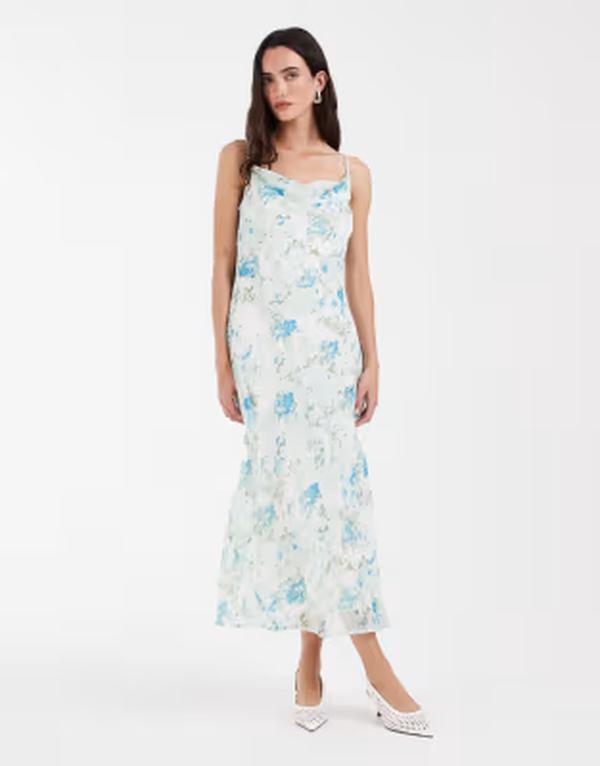 ヴェロモーダ レディース トップス ワンピース シフォン フラワー柄 プリント ミディ フラワー Vero Moda Smilla chiffon cowl neck camidi dress floral print Snowhite Blue ホワイト