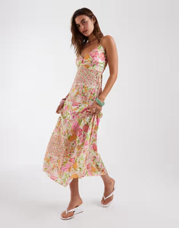 ヴェロモーダ レディース トップス ワンピース フラワー柄 プリント パッチワーク サテン マキシ フラワー Vero Moda satin cami maxi dress in floral patchwork print Birch|ReVida 店