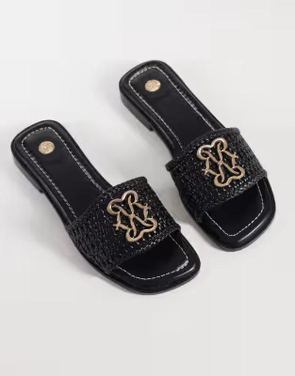 リバーアイランド レディース シューズ サンダル ロゴタイプ River Island logo weave mule sandals Black 黒いこと