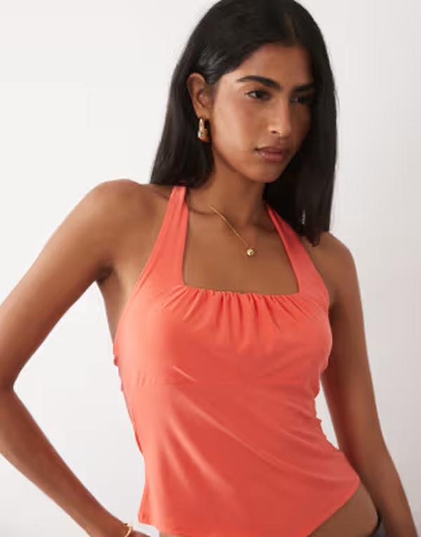 エイソス レディース トップス シャツ ギャザー ホルター ASOS DESIGN square ruched halter top red レッド｜ReVida 店
