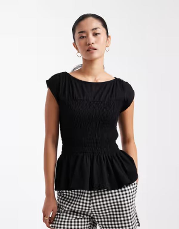 スリードベア レディース トップス Tシャツ キャップ ジャージー Threadbare jersey cap sleeve shirred top Black ブラック