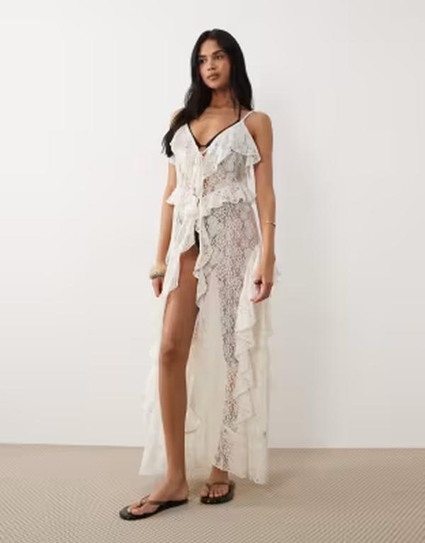 ミスセルフフリッジ レディース トップス ワンピース レース マキシ Misselfridge tie detailing lace cami maxi beach dress inatural NATURAL