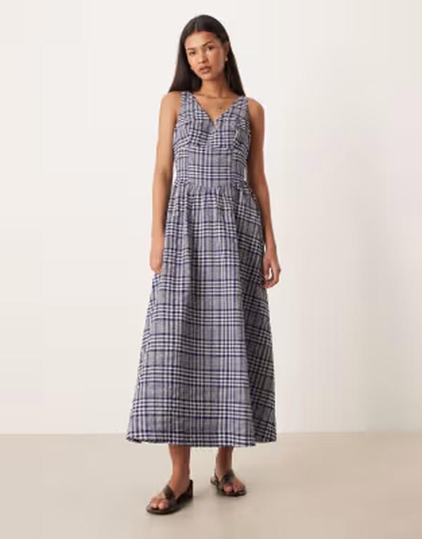 エイソス レディース トップス ワンピース Vネック ギンガムチェック マキシ ギンガム ASOS DESIGN waisted v neck maxi dress with seaming details gingham Blue Gingham ブルー