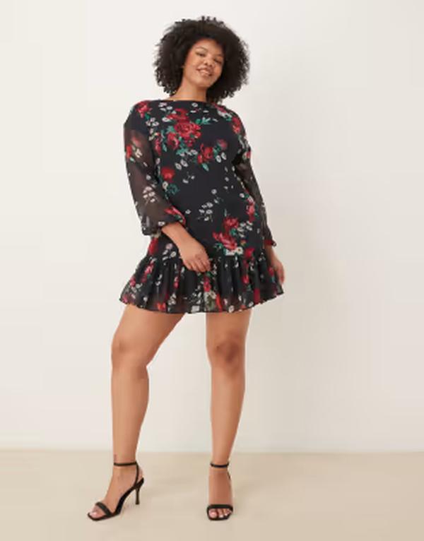 エイソス レディース トップス ワンピース シフォン フラワー柄 ミニ フラワー ASOS Curve ASOS DESIGN Curve slash neck chiffon godet mini dress red floral Black red floral ブラック