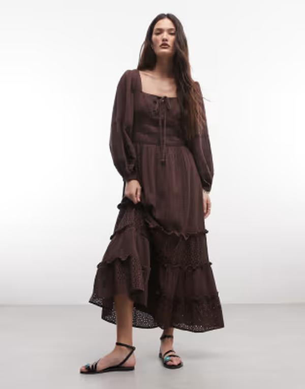 リクレイム ヴィンテージ レディース トップス ワンピース ミディ Reclaimed Vintage midi day dress withalf sleeves and eyeletrim in chocolate brown ブラウン 21,868円