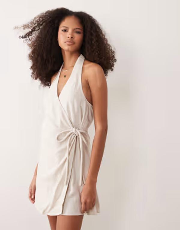 エイソス レディース トップス 衣装 ミニ リネン ホルター ASOS DESIGN viscose-linen blend halter neck wrap mini sundress インチ oat