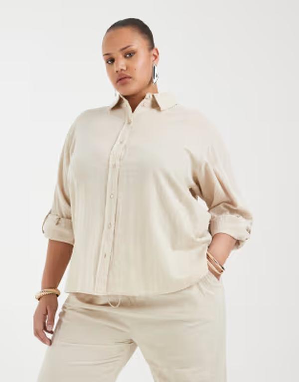 オンリーカーブ レディース トップス シャツ コットン ONLY Curve 100% cotton long sleeve shirt in light beige - part of a set Silver Lining シルバー 14,415円