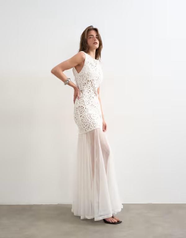 トップショップ レディース トップス ワンピースカート ニット Topshopremium crochet knit full skirtedress in ecru エクリュ