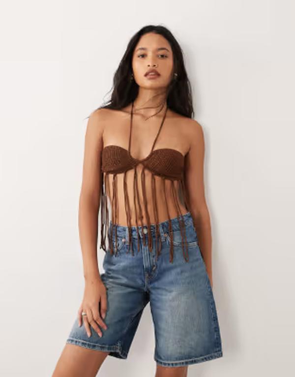 ミスセルフフリッジ レディース アンダーウェア ブラジャー ニット Misselfridge festival crochet knitassel bra top in chocolate チョコレート