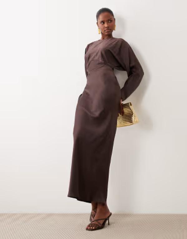 エイソス レディース トップス 衣装 繻子 マキシ ASOS DESIGN satin batwing maxi dress インチ chocolate 黒茶