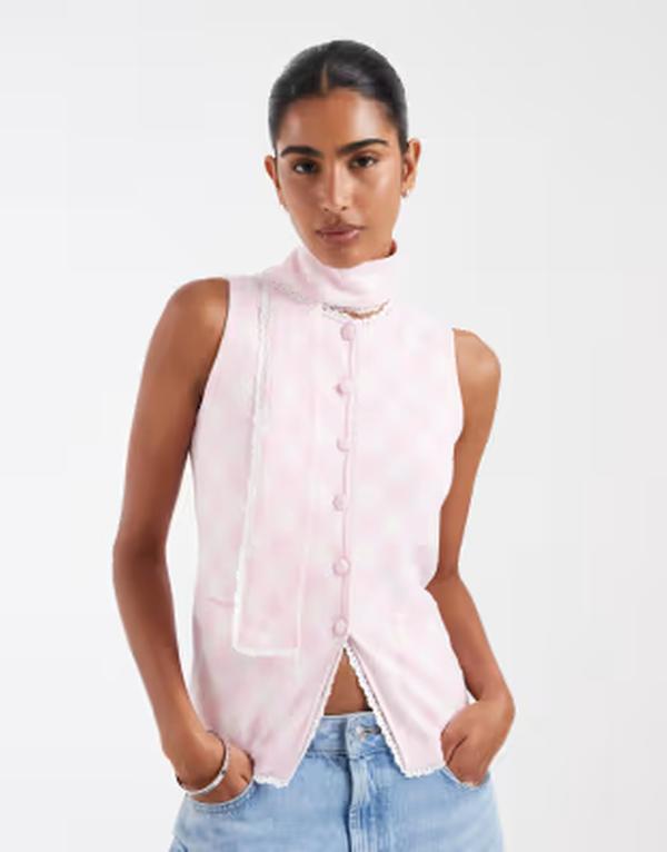 ハウスオブサニー レディース トップス より良い House of Sunny Peggy vestop with scarf detail plaid PINK サクラ色