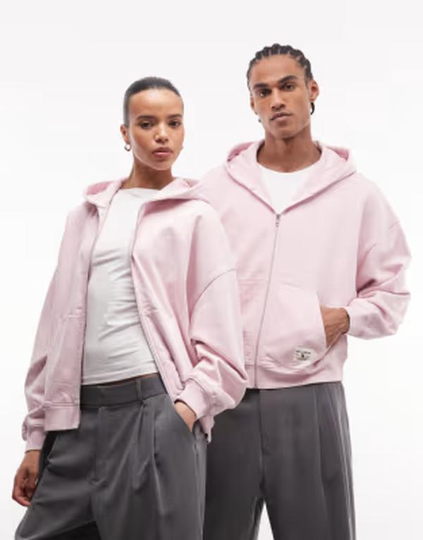 コルージョン レディース アウター パーカー・スウェット フルジップ COLLUSION Circular Design Collection Unisex heavyweight zip throughoodie Baby pink ピンク